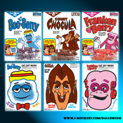 rogerbarr:  Here’s your first look at the complete artwork set for the 2014 Halloween season Monster Cereal retro &amp; modern boxes from General Mills, including cut-out masks and new art from DC Comics artists! Click here for more details on the 2014