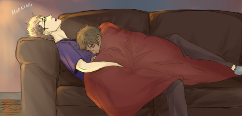 hachidraws:  Eren has been out on a solo job for weeks on end, and gets home a couple days early to find Jean asleep on the couch. (courtesy of Kenji from twitter earlier today)