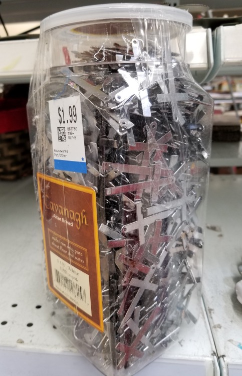silver-millennial:virtualizedcatboy: shiftythrifting: 8-9 lbs of steel crosses in an altar bread con