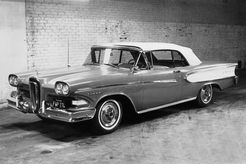A black-and-white photo of the Ford Edsel.