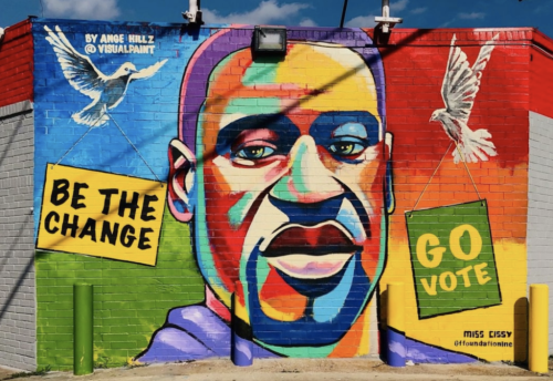 blondebrainpower:Days before his 47th birthday, a new mural of George Floyd by local artist Ange Hil