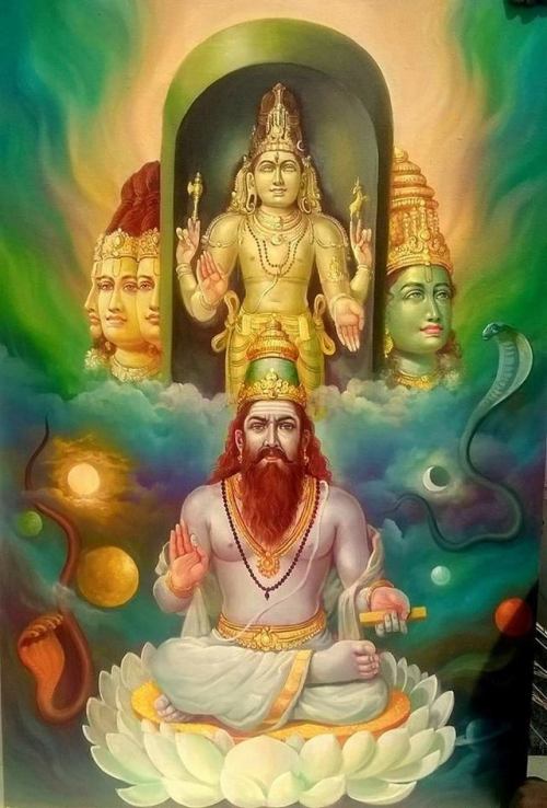 Bhirugu Maharishi with Brahma, Shiva and Vishnu