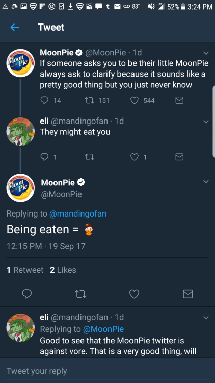 queen-of-dirt: girls-to-avoid:  helthehatter:  girls-to-avoid:   everyone always talks about the wendys twitter, but  let’s talk about moonpie’s twitter   Moon pie is so nice and responsible   He’s a very good boy  Ohhh my God  