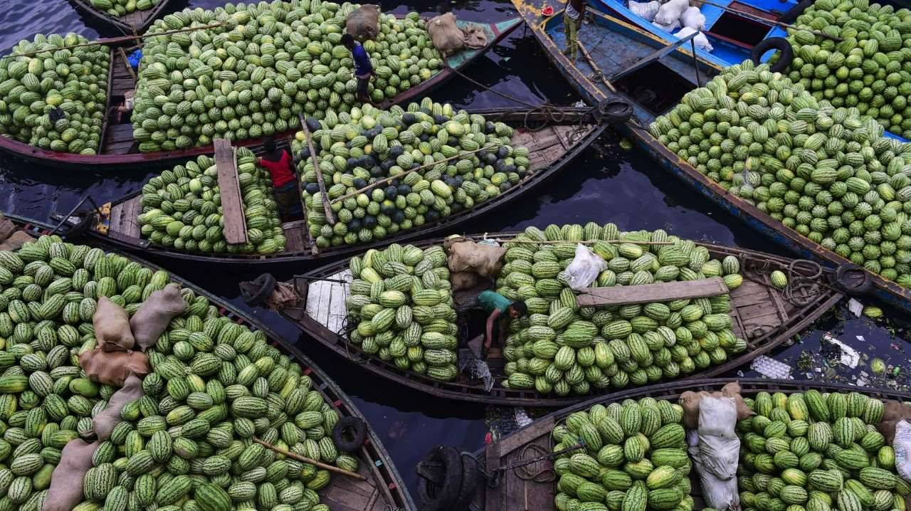 Unos trabajadores de Bangladesh esperan a descargar sandías en un muelle de Dhaka. (AFP)