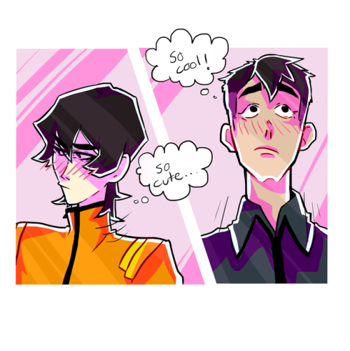 meepzs:Headcanon where when sheith meet each other, shiro thinks keith is insanely cool and keith th