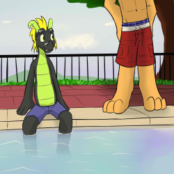 Fuze Dragon decided to pick up swimming as an exercise to slim down from all those burgers he ate.  The view is nice at the pool, it but can also be a bit discouraging at times.