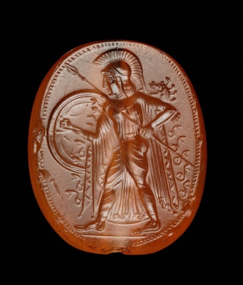 theancientwayoflife:~ Scaraboid gem with Athena.Culture: GreekPeriod: Late ArchaicDate: 510–500 B.C.