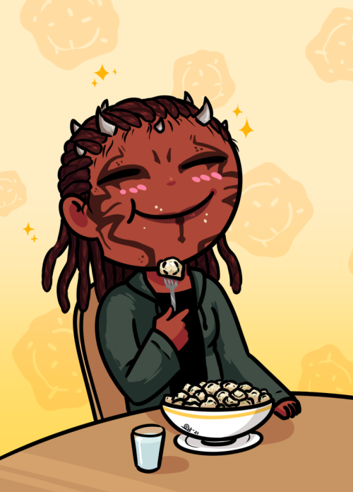 Commission for @lilith-iden starring her OC Pergeni enjoying a big bowl of pelmeni (russian dumpling