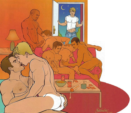 gay-erotic-art:  shybutcuri:  Illustrations by Steven (Steven Stines/Steven Blake). I’ve loved his work since I first saw in in a gay porn magazine.  And now for a series on the colorful and erotic art of Steven Blake.  If you don’t already, follow