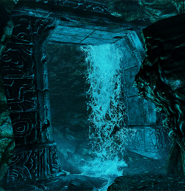 A gifset of Skyrim showing a cave with a river running through it. We see shots of it flowing down as a waterfall from the ceiling and flowing down into the cave over the uneven rocky floor. The gifs are a turquoise colour.
