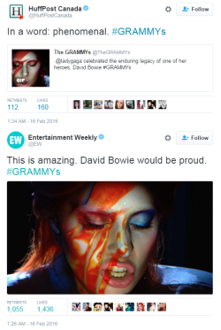 gagafanbasedotcom:    Celebrities and websites react to performance of Lady Gaga on 58th Grammys Awards. 
