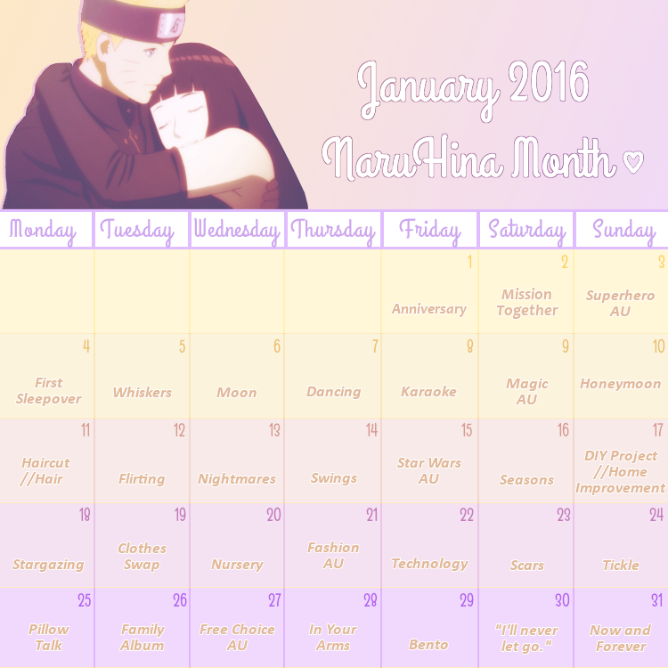 naruhinamonth:  Here they are- the Official Prompts for NaruHina Month 2016!  Be