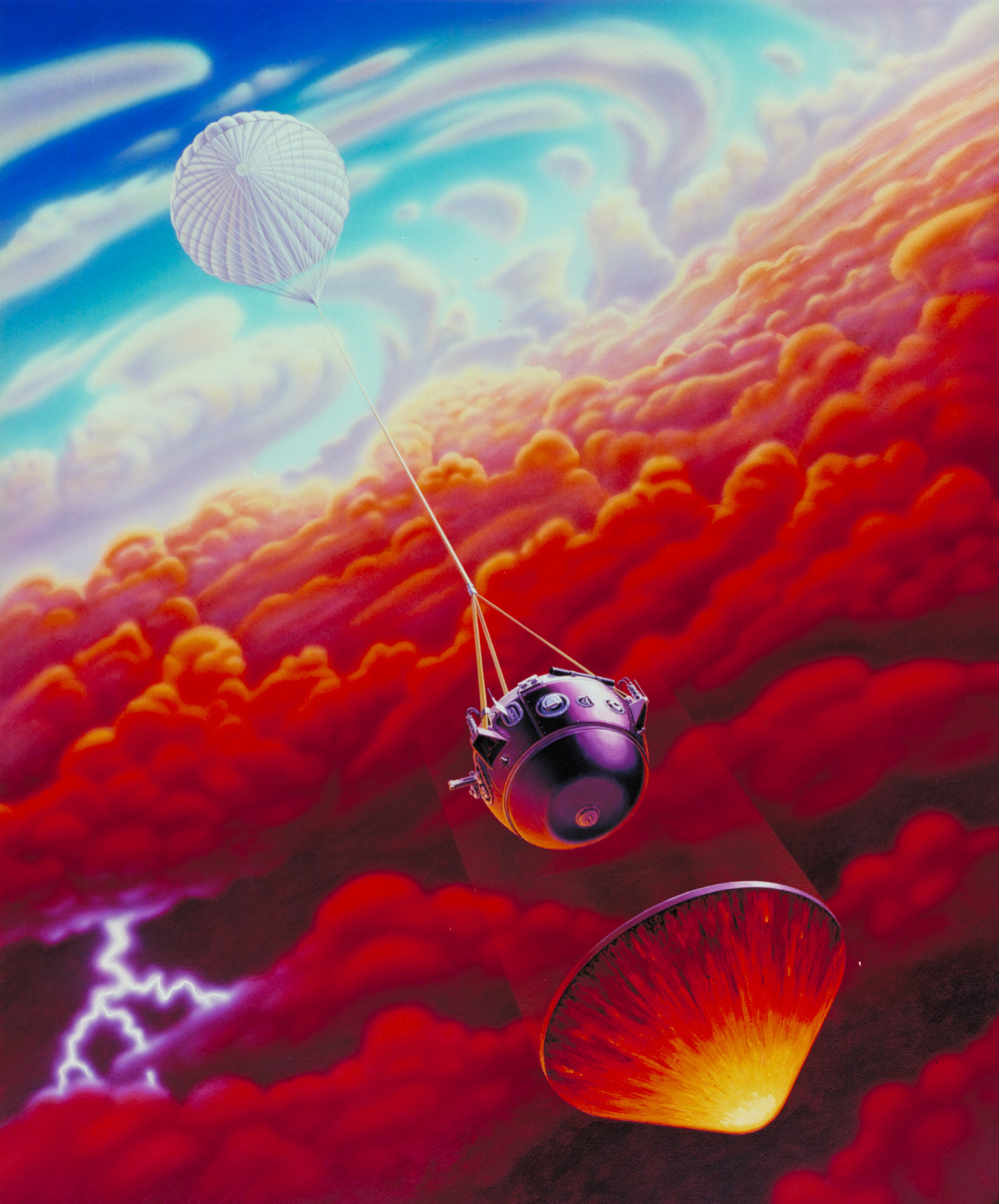 gunsandposes-history:  NASA concept art by C. Kallas depicts the Galileo probe descending