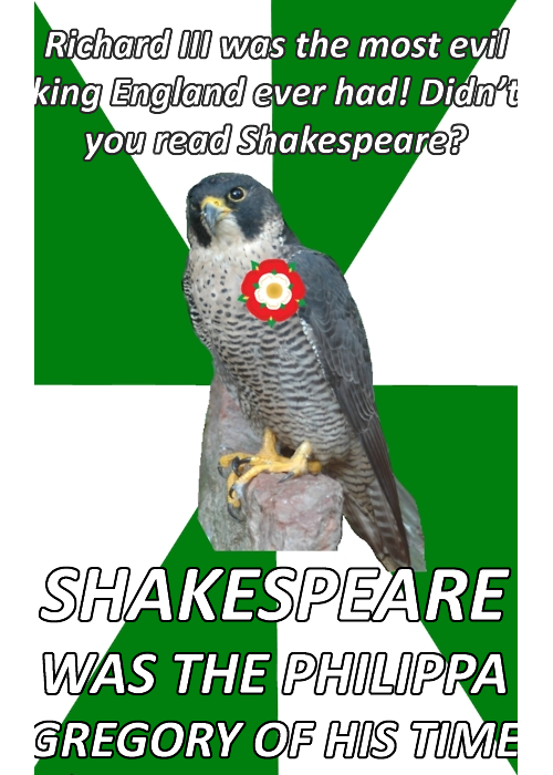 [Photo: A perched falcon with the red and white Tudor rose crest imposed on its breast, upon a green