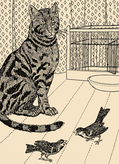 The cat and the two sparrows. A Hundred fables of La Fontaine - illustrated by Percy J. Billinghurst