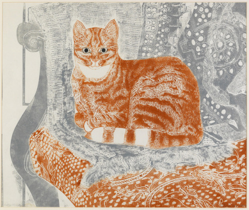 artistsanimals:Title: Cat on ChairArtist: Sheila RobinsonDate: 1971Medium: print from cardboard cutS