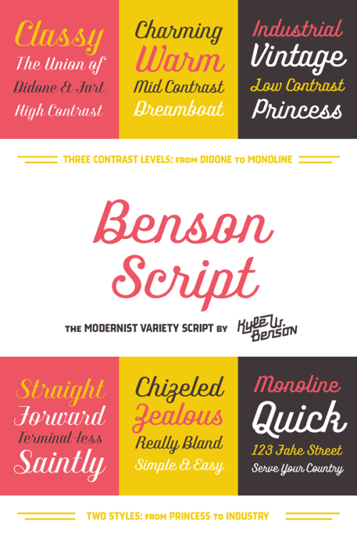 Benson Script - The Modernist Variety Script Look at this beautiful script display font! Benson Script was developed in 2013 by font designer Kyle Wayne Benson.
Buy the Benson Script font family on MyFonts.com
More about the Benson Script font family...