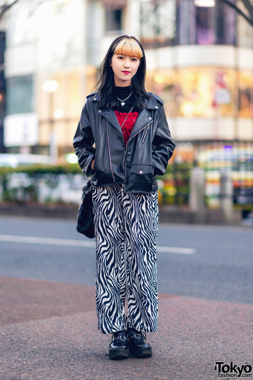 19-year-old Japanese beauty school student Saaya on the street in Harajuku wearing a leather jacket 