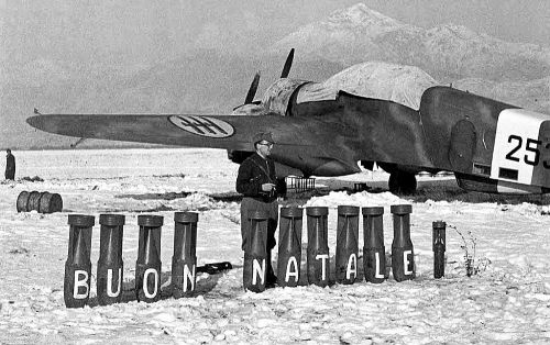 historicaltimes:Merry Christmas! Written in bombs in an Italian airfield near Shkodër, Albania, Dece