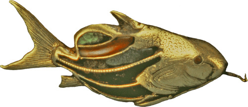 Ancient Egyptian amulet in the form of a tilapia fish, made of gold with green faience and gemstone 