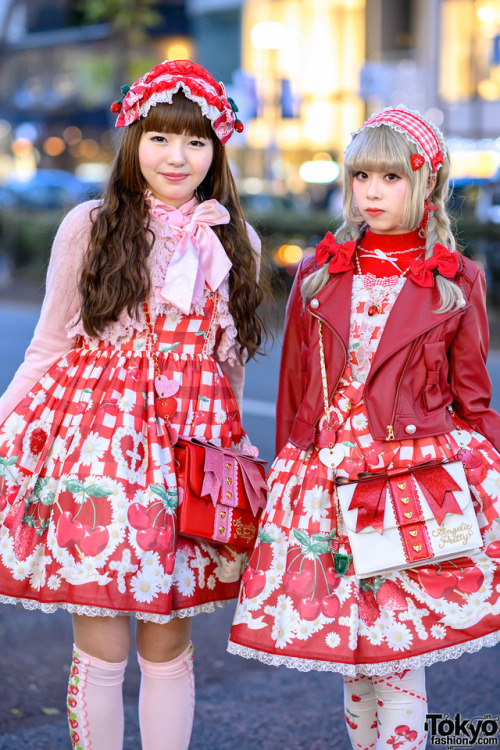 tokyo-fashion: Japanese lolitas Acchan and Reona on the street in Harajuku wearing strawberry and ch