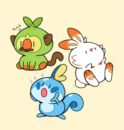 rumwik:  New pokemon! Grookey, Scorbunny and Sobble (but tiny, and fat)   