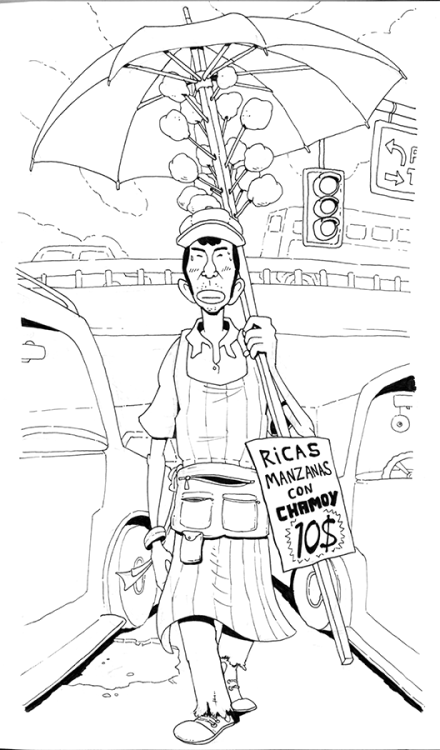 Chamoy apple seller. Seen at a red light in Mexico City. I hope I get to color this someday!