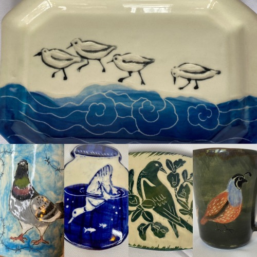 a collage of five pictures of pottery decorated with birds. they depict pigeons, sandpipers, a duck and a quail