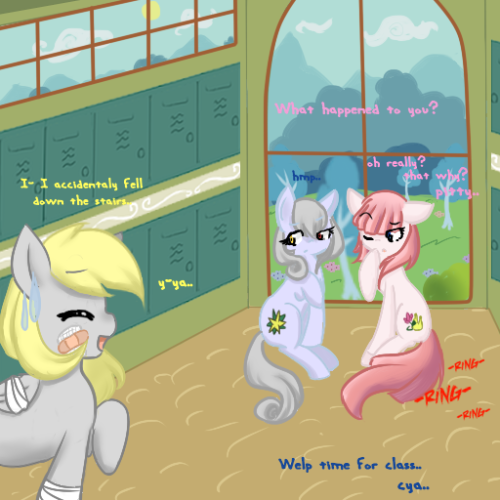 Aww, poor lil Derpy! ;w;  …that cute lil sleepin’ Doccy tho~ xp