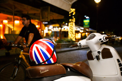 Union Jack helmet on a Vespa parked on I.Petichaki in Rethymno Old Town. 