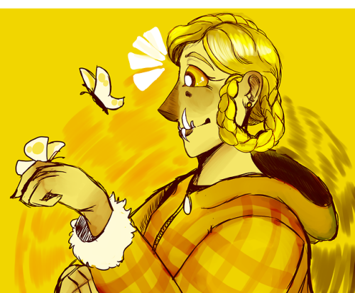 selkie-elf: Butterflies and dandelions  [ID: A golden hued drawing of Dani. She is a light skin