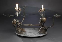 ex0skeletal:  nirrita:  thebibliosphere:  hufflepuffianrogue:   overheal:  asylum-art-2:  Skeleton Coffee Table by Skelemental   This is Full Throttle, a rather unusual skeleton coffee table, and Skelemental’s first  piece of furniture. Full size skeleton