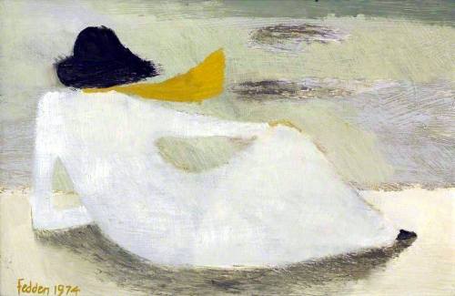 lawrenceleemagnuson:Mary Fedden (UK 1915-2012)Woman on a Beach (1974)oil on panel 19 x 29 cmNew Hall