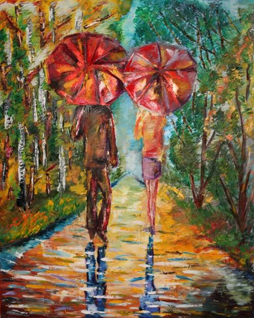 “Two Red Umbrellas” oil on canvas knife painting, https://www.facebook.com/ruslanalev.ar