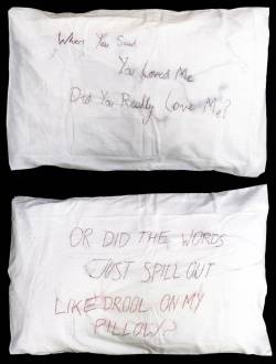 hannahplant-art:  Posting again because I’m still proud of them, Tracey Emin inspired pillows, lyrics from ‘Inmates’ by The Good Life 