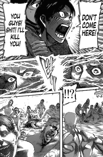 snkception:Speaking of chapter 50, though, one thing I noticed about it is the way the coordinate seems to work less as Eren commanding mindless titans and more as them acting like an extension of Eren’s will?Like, okay, Eren punches the Smiling Titan,