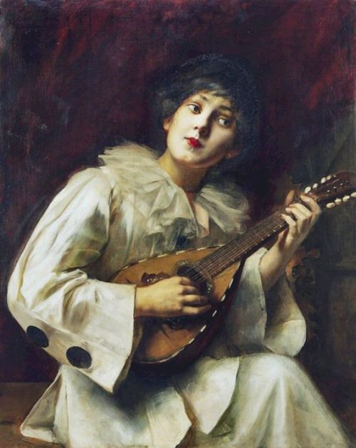 Pierrette Playing The Lute (1909). Paul Antoine de la Boulaye (French, 1849-1926). Oil on canvas.Pie