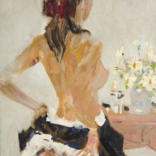 huariqueje:Woman Undressing   -   Pierre Emile LelongFrench 1908-1984Oil on canvas, 70 x 35 cm.