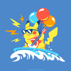 versiris:  New shirt up on SharkRobot: Surfin’ Flyin’ Rockin’ Pikachu Pre-order here! http://sharkrobot.com/products/surfin-flyin-rockin-pikachu