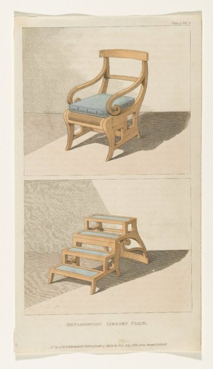 Morgan &amp; Sanders, design for a  Metamorphic library chair, 1811. Printed paper and watercolor. V