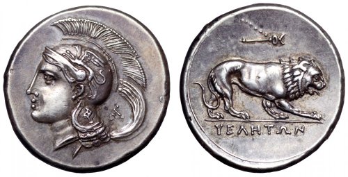 archaicwonder: Silver Didrachm from Velia,  Lucania, c. 293-280 BC The coin shows the head of A