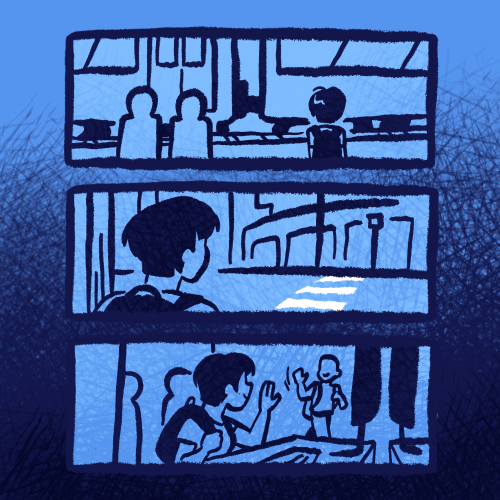 Feeb waits for the train, crossed the street, and greets his coworkers. As the page progresses downwards, the space is colored by increasingly dark hatching, reminiscient of static and dread.