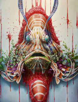 asylum-art:Psychedelic Paintings by Hannah YataSurreal paintings merging female bodies with fish heads, ornate masks, and animals by New York-based painter Hannah Yata. The paintings explore the feminine form in terms of imagery and symbolism bringing