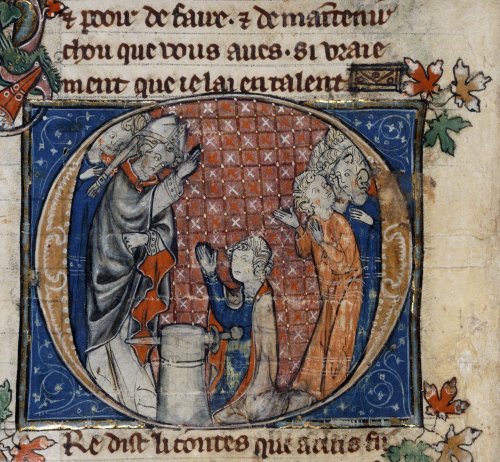 jothelibrarian:Pretty medieval manuscript of the day shows Arthur about to pull the sword from the s