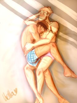 viella-art:   Jeaneren Week Day 6: Touch  They wake up like this every morning, with several dead limbs and awkward boners. Jean doesn’t even bother with blankets anymore since Eren is a human space heater