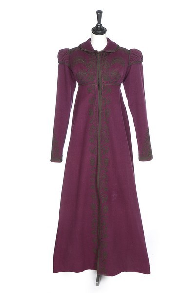 historicaldress: purple wool pelisse robe, 1810-20, with puffed mancherons over long sleeves, raised