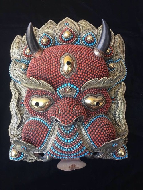 Magnificent Nepalese Silver-plated Turquoise & Coral Bhairab Mask – the “Mask of Annihilation” F