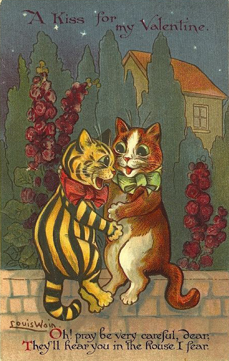 blondebrainpower:A Kiss for my Valentine.Oh! Pray be very careful, dear, they’ll hear you in the house I fear.By Louis Wain