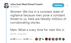 profeminist:  “Women: We live in a constant state of vigilance because men pose a constant threat to us, here are literally millions of corroborating stories.   Men: What a scary time for men this is.”   @JuliusGoat   