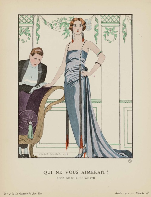 “Qui ne vous aimerait ?”Robe du soir, de Worth.La Gazette du Bon Ton,Volume 1, No 4, Mai 1922.Art by
